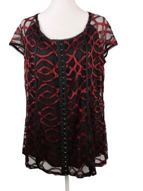 Avenue Plus Size 14/16 Red & Black Mesh Hook Front Corset Top Gothic Goth